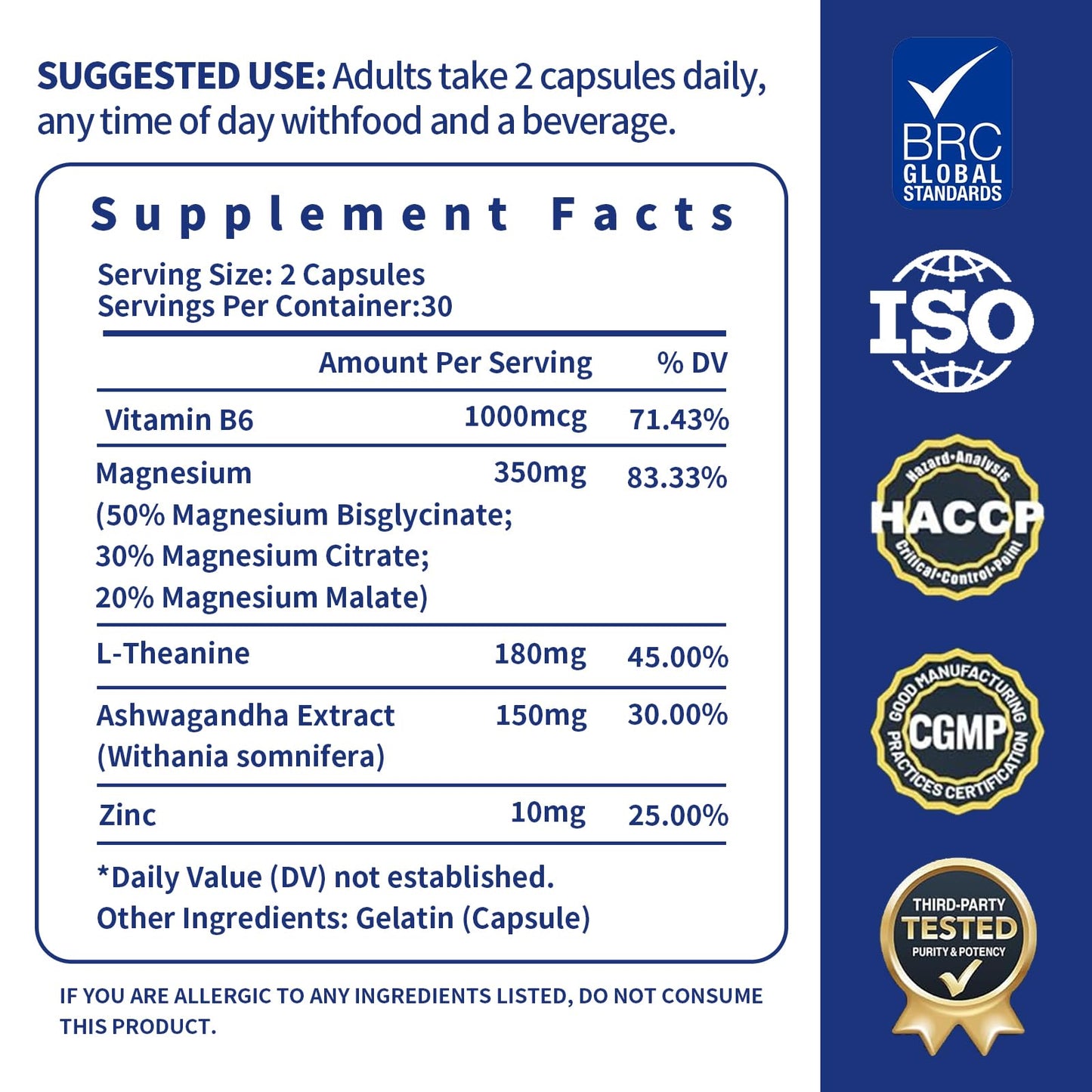 Magnesium Complex Supplement 60 Capsules – Glycinate, Citrate, Malate, L-Theanine, Ashwagandha, Zinc | Vegan - 30 Servings