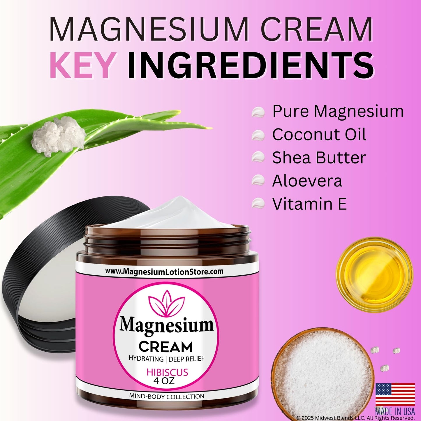 Magnesium Cream with Hibiscus Scent – Sleep & Muscle Relief, 4 oz, USA Made