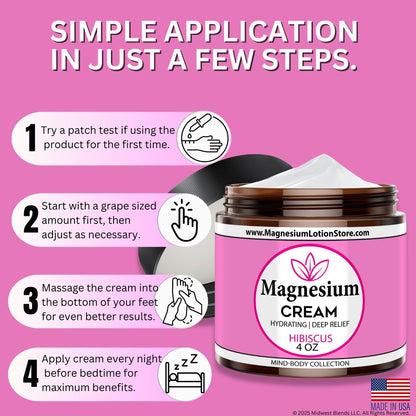 Magnesium Cream with Hibiscus Scent – Sleep & Muscle Relief, 4 oz, USA Made