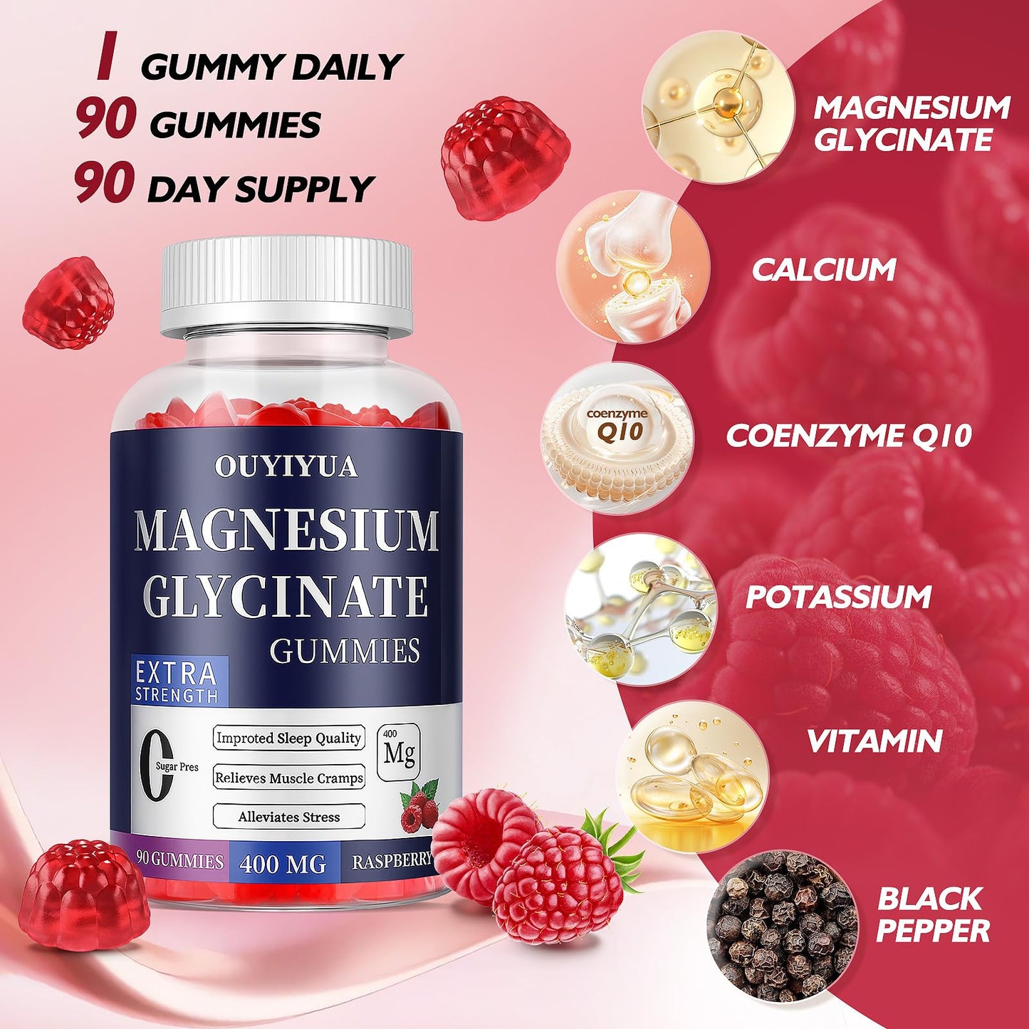 Magnesium Glycinate 400mg Gummies, Sugar Free Magnesium Gummies with Vitamins D, B6 for Sleep Support, Stress and Muscle Relief for Men and Women, 90 Count