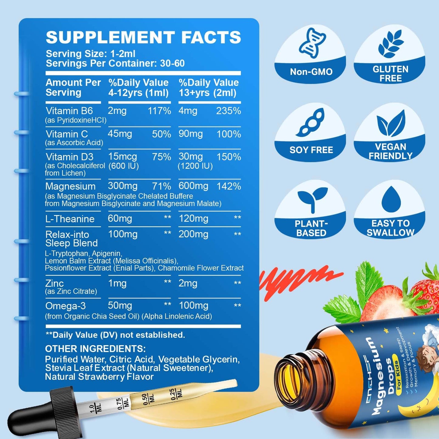 Magnesium Glycinate Drops for Kids – Strawberry Flavor (2 oz) – Sleep, Calm, Focus & Immune Support