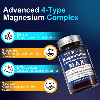 Magnesium & Energy Complex – 4 High-Absorption Types with Lion’s Mane, L-Theanine, CoQ10, Taurine – Vegan, Non-GMO – 90 Capsules