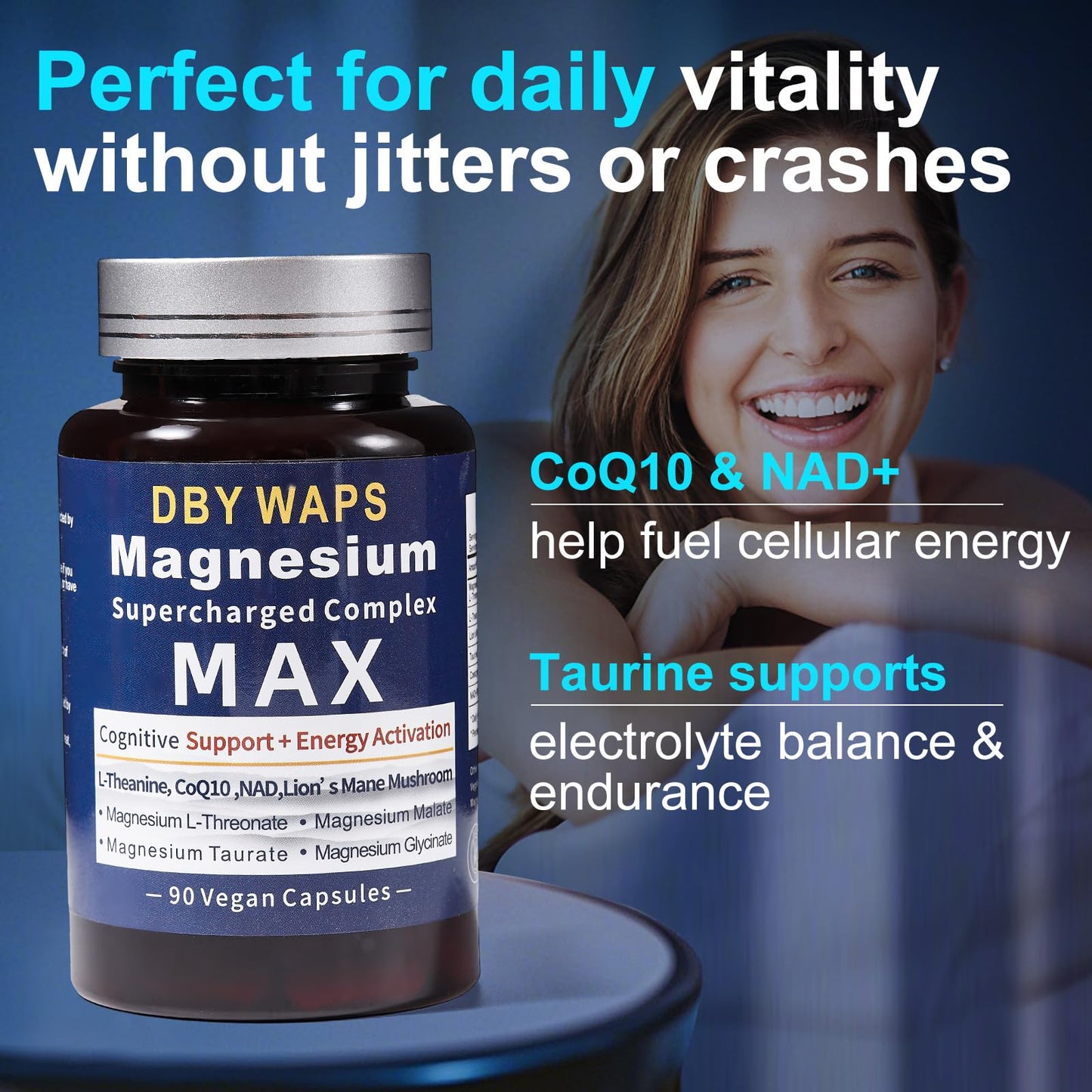 Magnesium & Energy Complex – 4 High-Absorption Types with Lion’s Mane, L-Theanine, CoQ10, Taurine – Vegan, Non-GMO – 90 Capsules