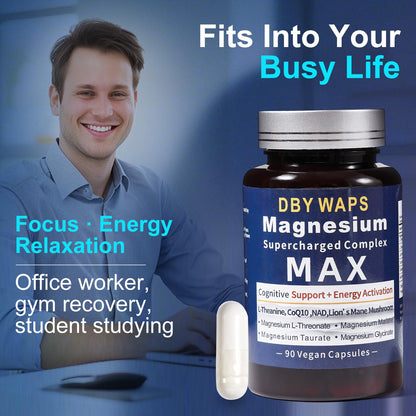 Magnesium & Energy Complex – 4 High-Absorption Types with Lion’s Mane, L-Theanine, CoQ10, Taurine – Vegan, Non-GMO – 90 Capsules