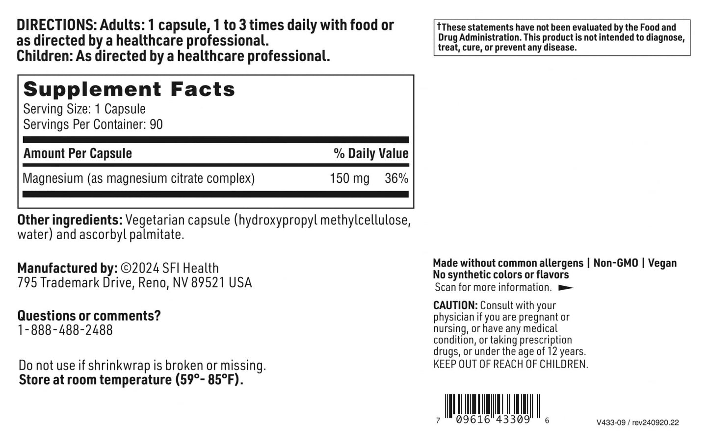 Klaire Labs SFI Health Magnesium Citrate Supplement – 90 Capsules
