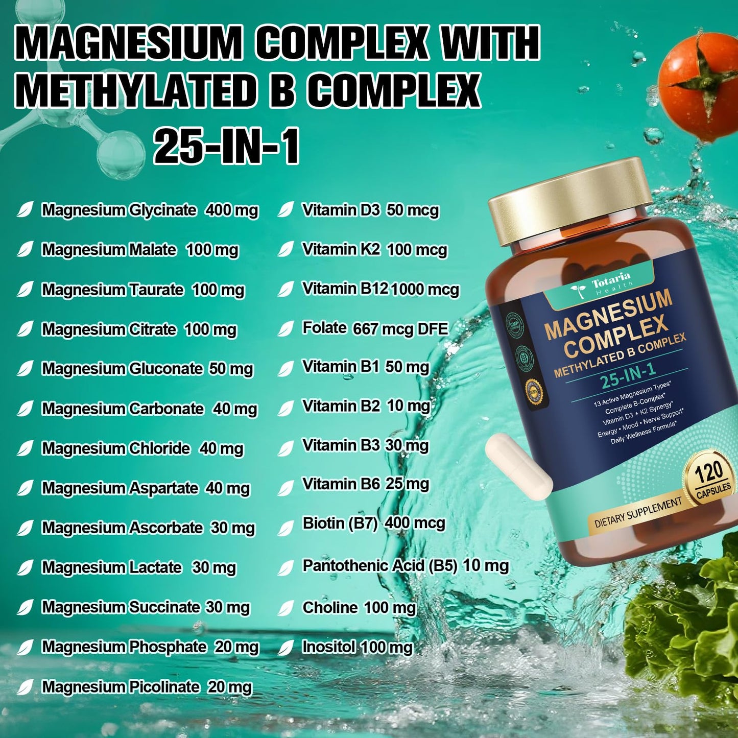 25-in-1 Magnesium Complex with Methylated B-Complex – 120 Vegan Caps | Totaria