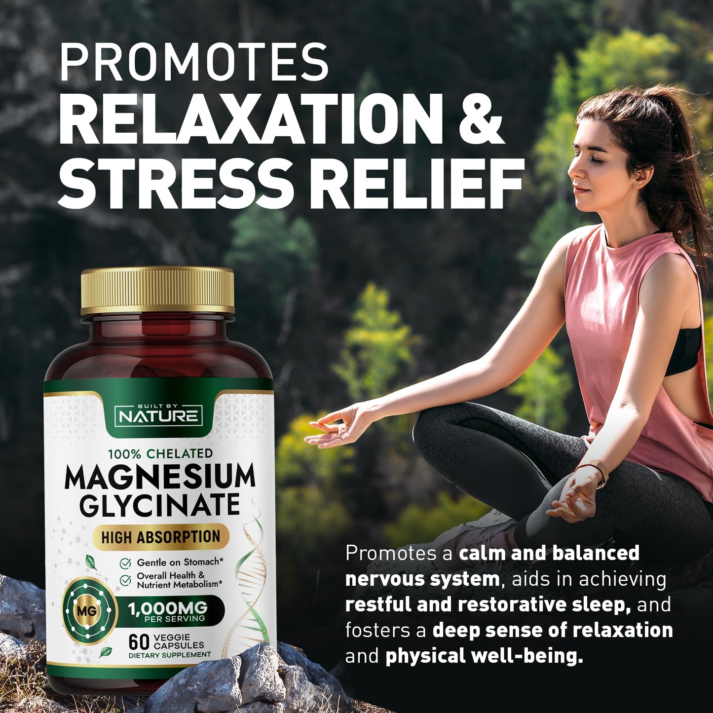 Built By Nature Magnesium Glycinate 1000mg – High Absorption, 100% Chelated, Gentle on Stomach | 60 Capsules