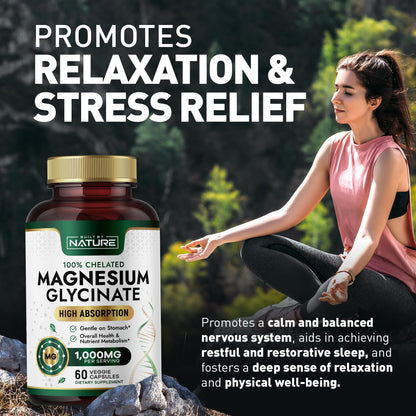 Built By Nature Magnesium Glycinate 1000mg – High Absorption, 100% Chelated, Gentle on Stomach | 60 Capsules