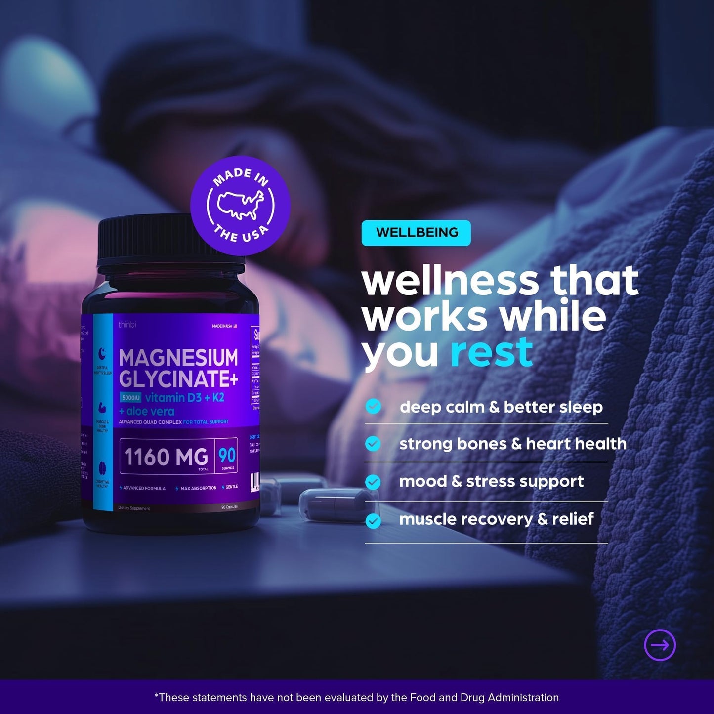 Magnesium Glycinate 1160mg + Aloe Vera, D3 & K2 Complex
