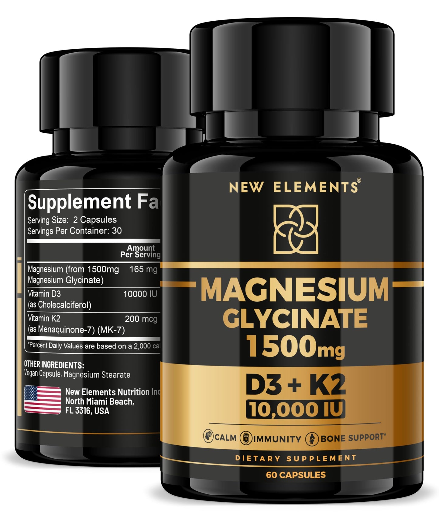 Magnesium Glycinate 1500mg + D3/K2 (10,000 IU) | 60 Vegan Capsules