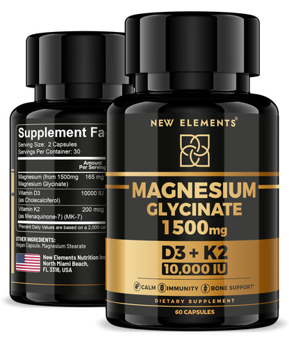 Magnesium Glycinate 1500mg + D3/K2 (10,000 IU) | 60 Vegan Capsules
