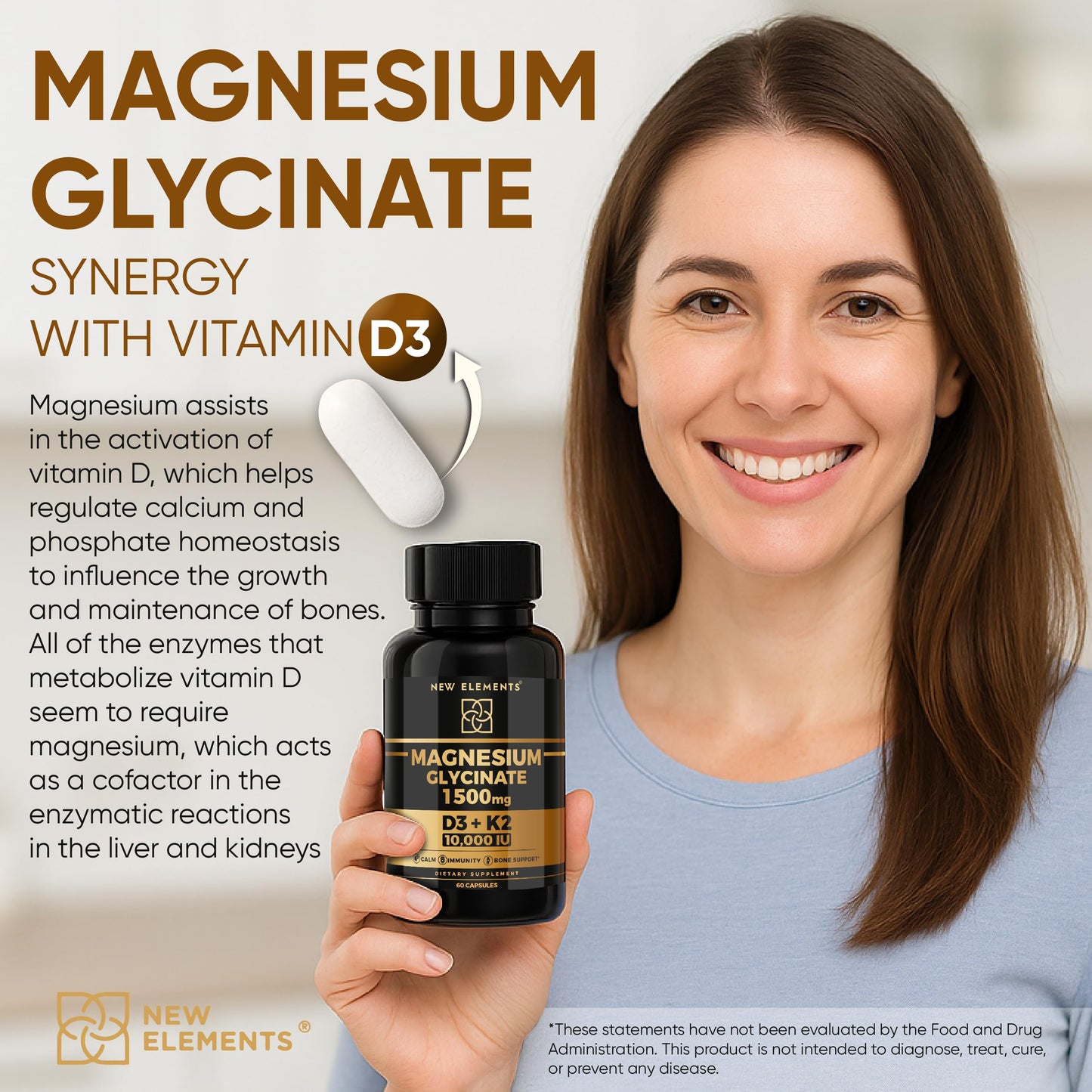 Magnesium Glycinate 1500mg + D3/K2 (10,000 IU) | 60 Vegan Capsules