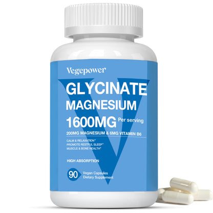 Magnesium Glycinate 1600mg - 90 Vegan Capsules with D3, B6 & Zinc