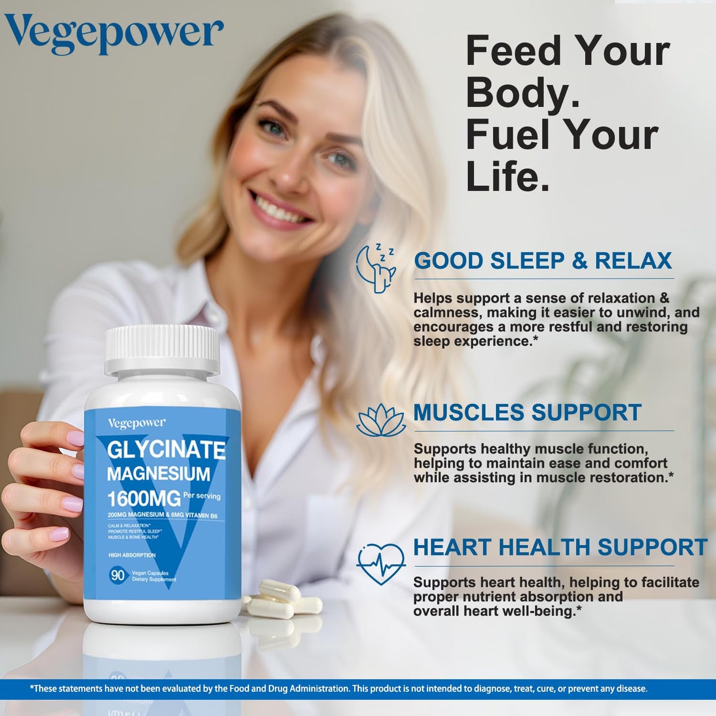 Magnesium Glycinate 1600mg - 90 Vegan Capsules with D3, B6 & Zinc