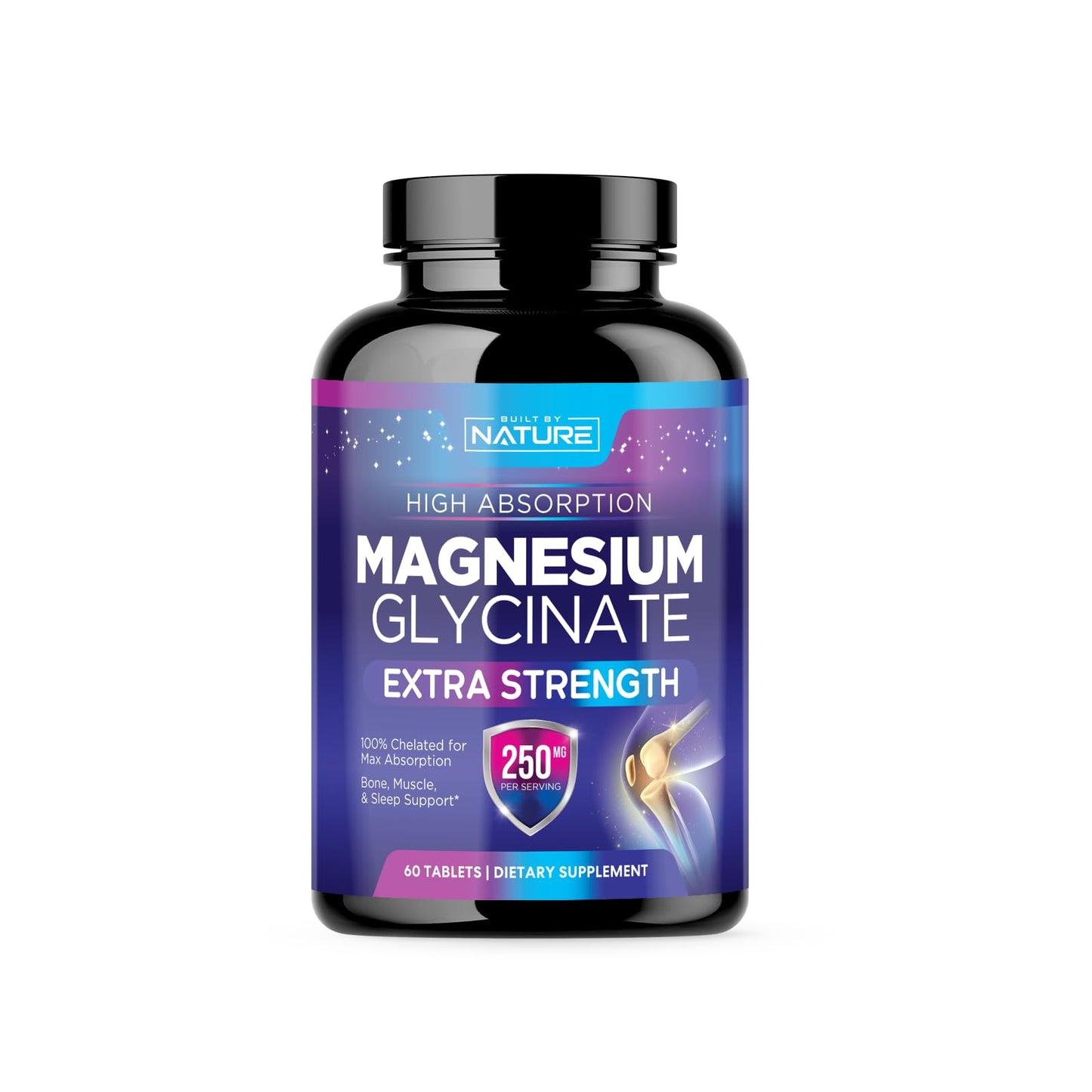 Magnesium Glycinate 250mg - High Absorption Chelated Magnesium Supplement for Stress, Sleep, Heart & Muscle Health - 100% Pure, Non-GMO, Vegan, Gluten-Free (60 Tablets)