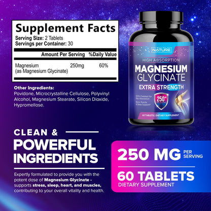 Magnesium Glycinate 250mg - High Absorption Chelated Magnesium Supplement for Stress, Sleep, Heart & Muscle Health - 100% Pure, Non-GMO, Vegan, Gluten-Free (60 Tablets)