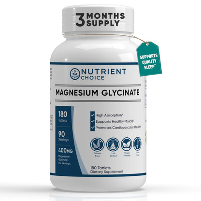 400 mg Magnesium Glycinate – 180 Tablets | High Absorption, Non-GMO