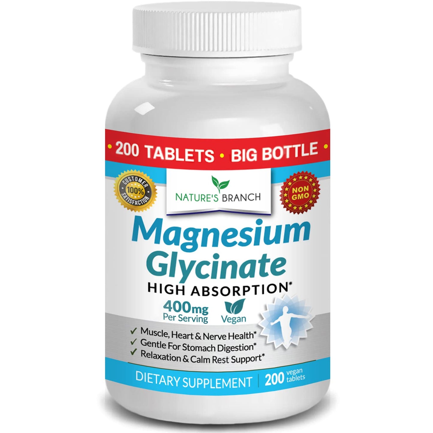 Magnesium Glycinate 400 mg | 200 Tablets - High Absorption Non-Buffered Bisglycinate for Sleep, Leg Cramps, Heart & Muscle Support
