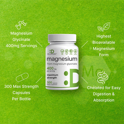 Magnesium Glycinate 400mg, 300 Capsules | 100% Chelated for Easy Absorption | Essential Mineral Supplement for Muscle, Sleep & Heart Health