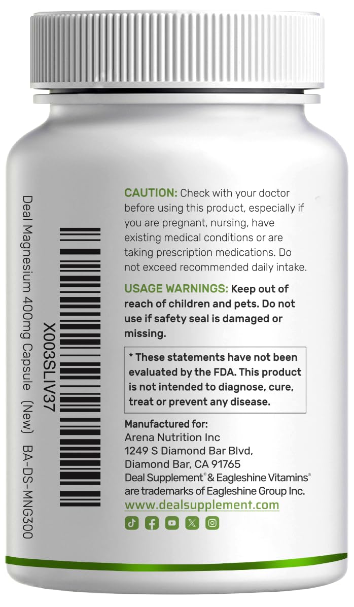 Magnesium Glycinate 400mg, 300 Capsules | 100% Chelated for Easy Absorption | Essential Mineral Supplement for Muscle, Sleep & Heart Health
