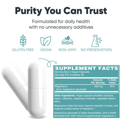 Magnesium Glycinate 400 mg – High-Absorption Chelated Magnesium, 90 Capsules | Big Valley Labs