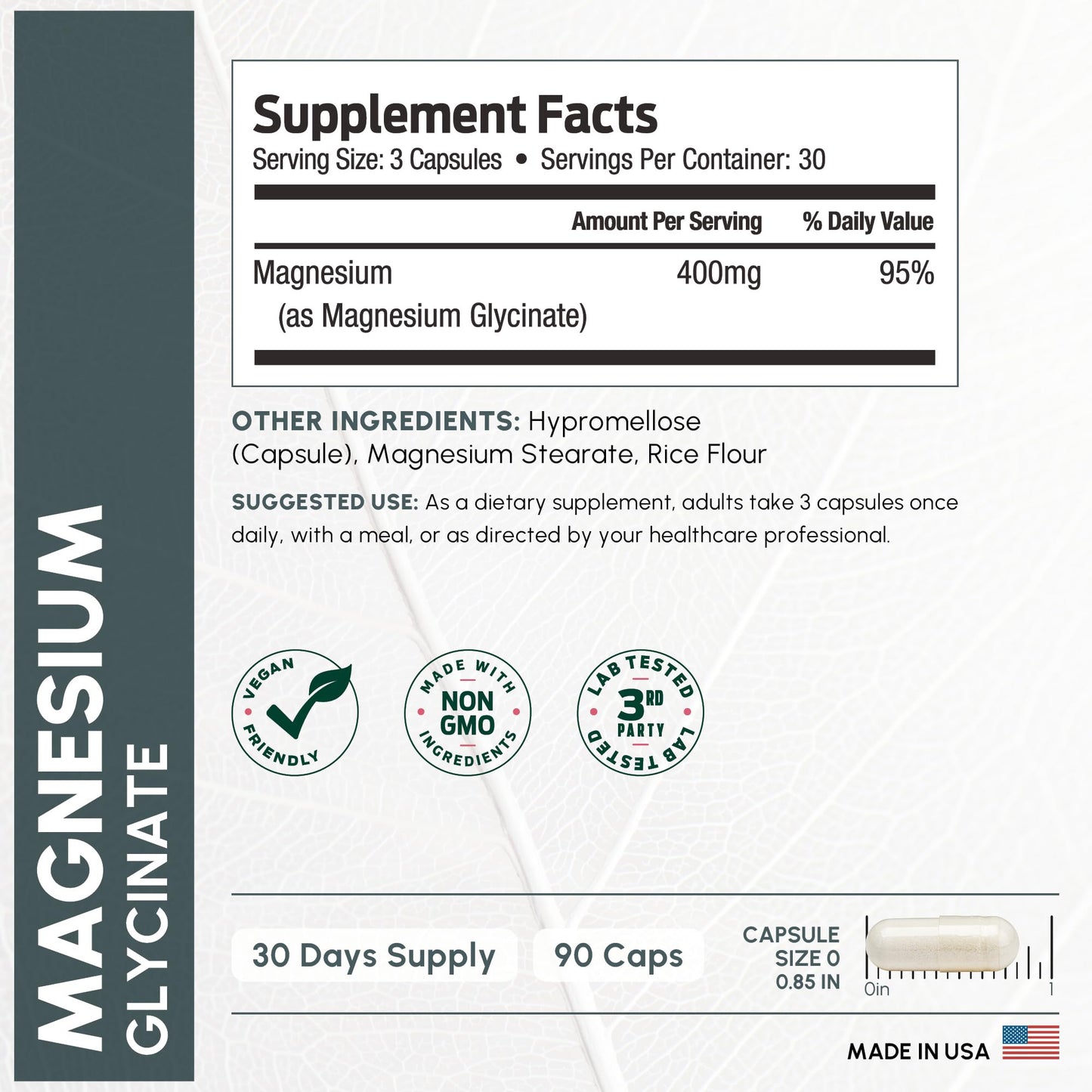 Pure Magnesium Glycinate 400mg – High Absorption, 90 Capsules