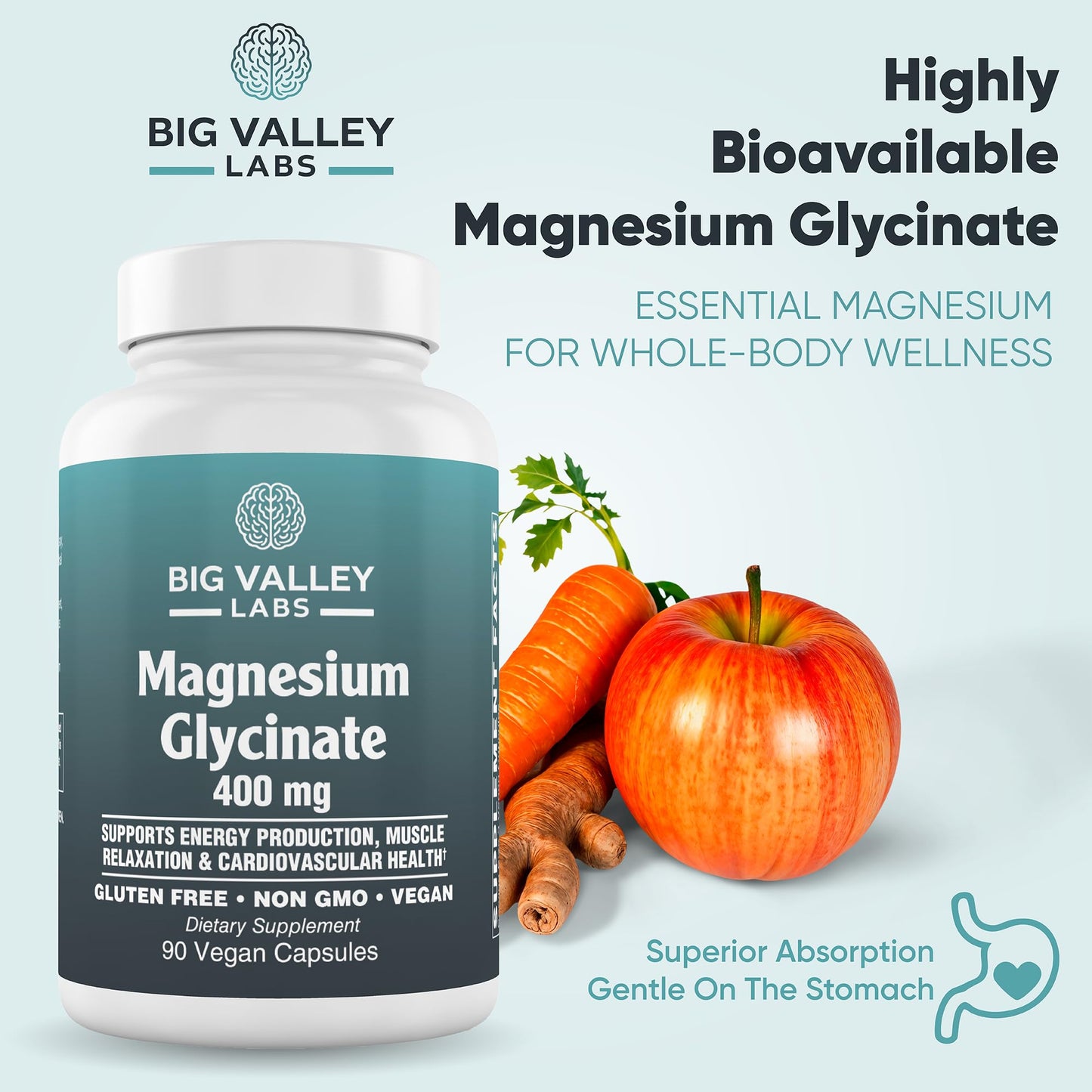 Magnesium Glycinate 400 mg – High-Absorption Chelated Magnesium, 90 Capsules | Big Valley Labs