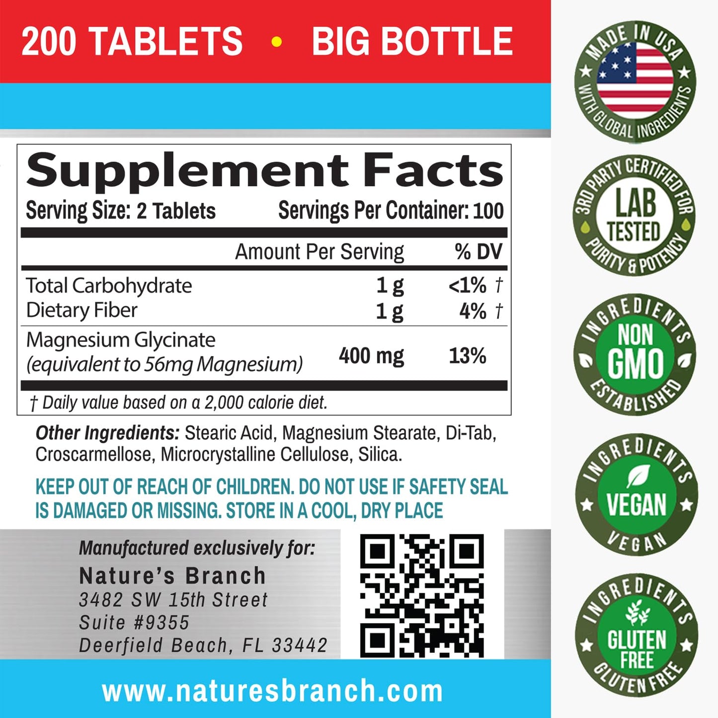 Magnesium Glycinate 400 mg | 200 Tablets - High Absorption Non-Buffered Bisglycinate for Sleep, Leg Cramps, Heart & Muscle Support