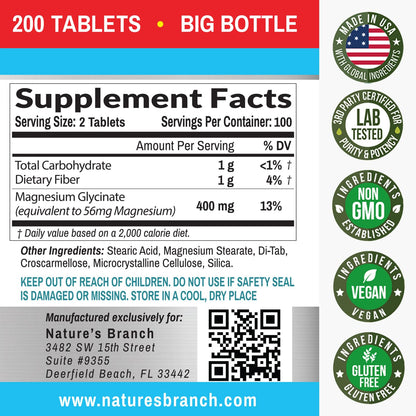 Magnesium Glycinate 400 mg | 200 Tablets - High Absorption Non-Buffered Bisglycinate for Sleep, Leg Cramps, Heart & Muscle Support