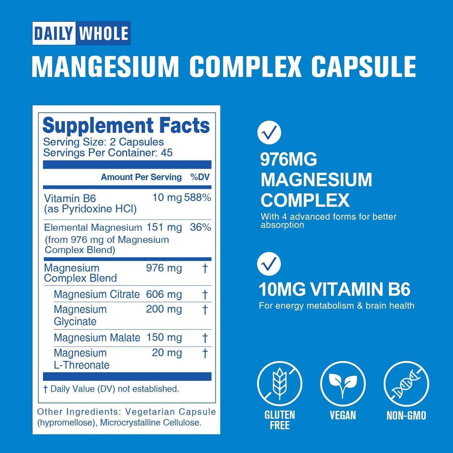 Magnesium Glycinate 4-in-1 Complex for Women – 976mg Magnesium + Vitamin B6 | Gluten Free, Non-GMO