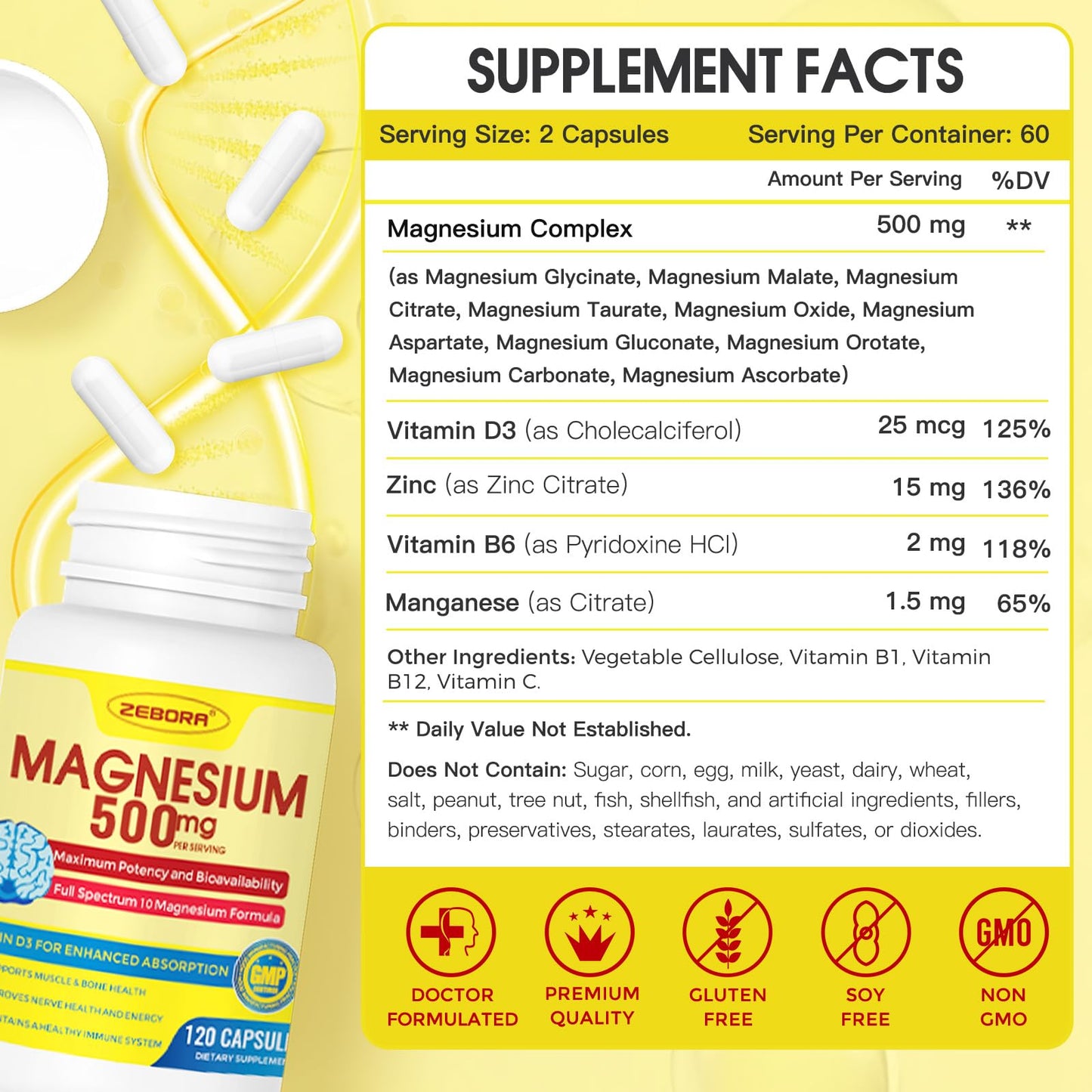 10-in-1 Magnesium Complex 500mg Glycinate, Citrate & Malate - Vitamin D3 & Zinc - 120 Capsules