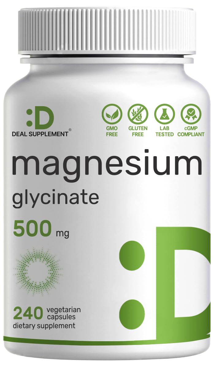Magnesium Glycinate 500mg, 240 Veggie Capsules – Chelated, Non-GMO, Vegan Friendly