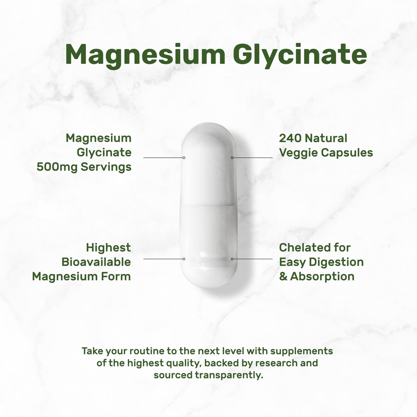 Magnesium Glycinate 500mg, 240 Veggie Capsules – Chelated, Non-GMO, Vegan Friendly