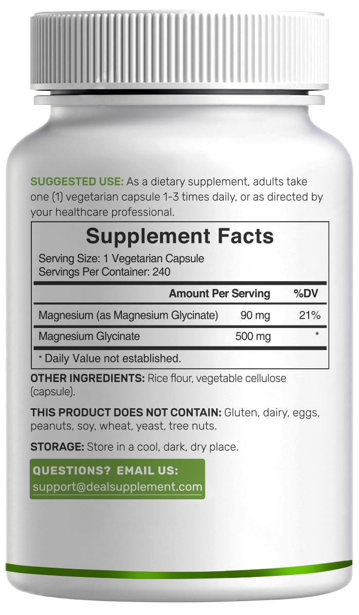 Magnesium Glycinate 500mg, 240 Veggie Capsules – Chelated, Non-GMO, Vegan Friendly