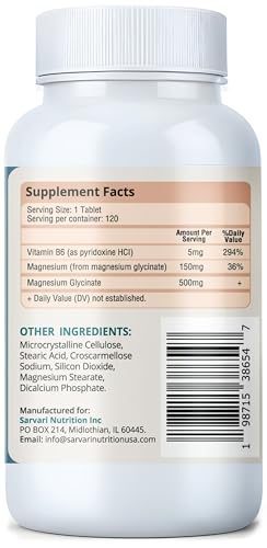 Magnesium Glycinate 500mg with B6 – 120 Vegetarian Tablets | Non-GMO, Gluten Free