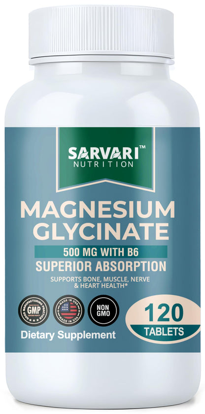 Magnesium Glycinate 500mg with B6 – 120 Vegetarian Tablets | Non-GMO, Gluten Free
