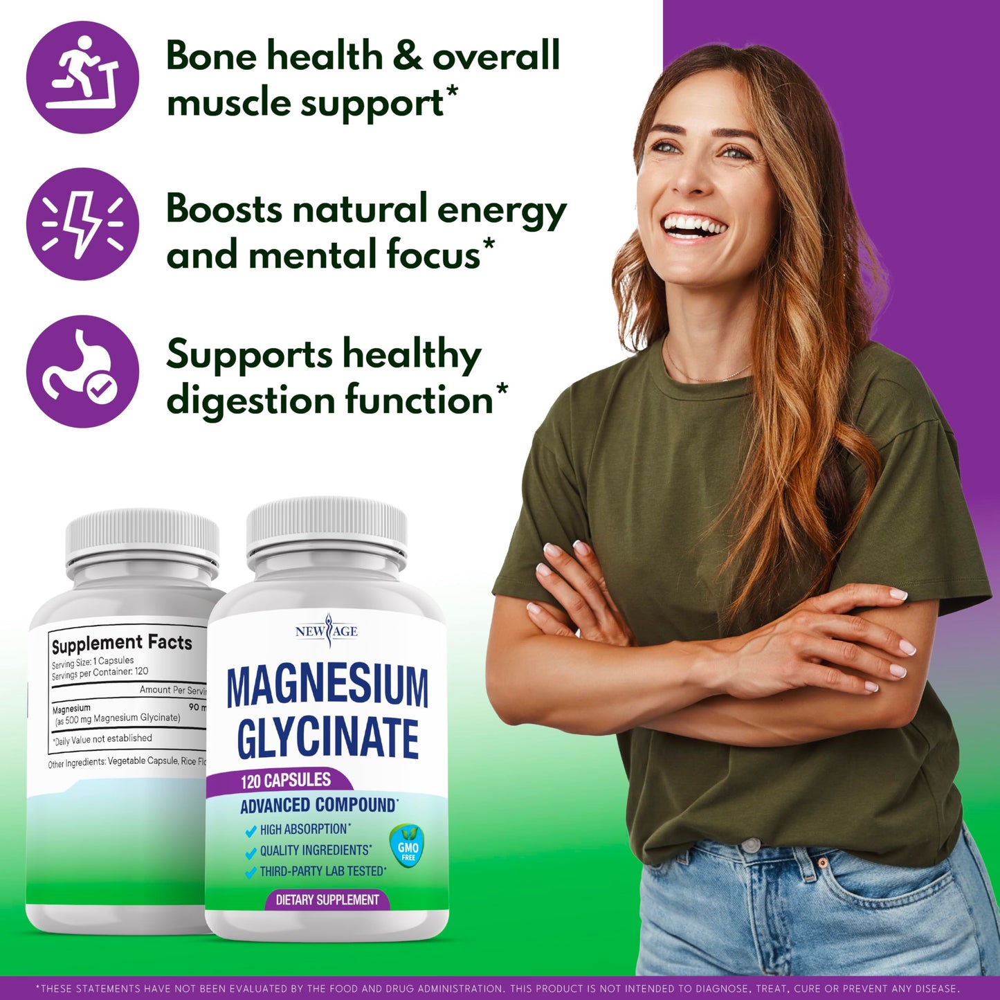 Magnesium Glycinate 500mg | 90mg Elemental Magnesium per Capsule | Muscle & Bone Health | 120 Vegan Capsules