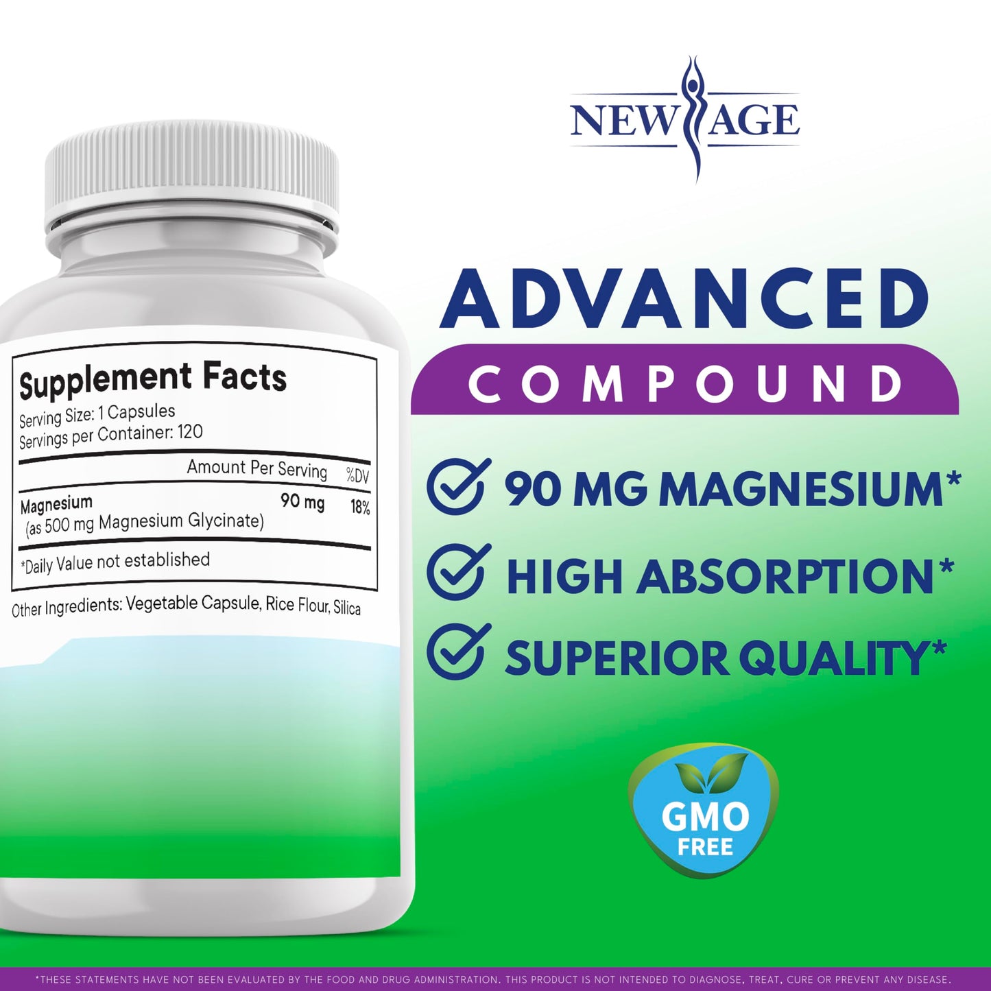 Magnesium Glycinate 500mg | 90mg Elemental Magnesium per Capsule | Muscle & Bone Health | 120 Vegan Capsules
