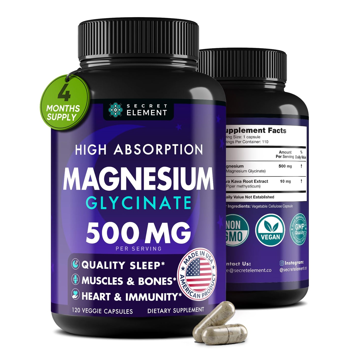 Magnesium Glycinate 500MG Capsules - High Absorption, Vegan & Non-GMO | 120 Capsules