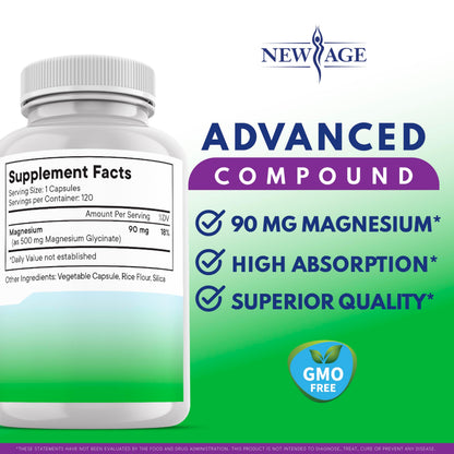 Magnesium Glycinate 500mg – 90mg Elemental Mg | High Absorption, Gluten-Free, Non-GMO | 360 Vegan Capsules