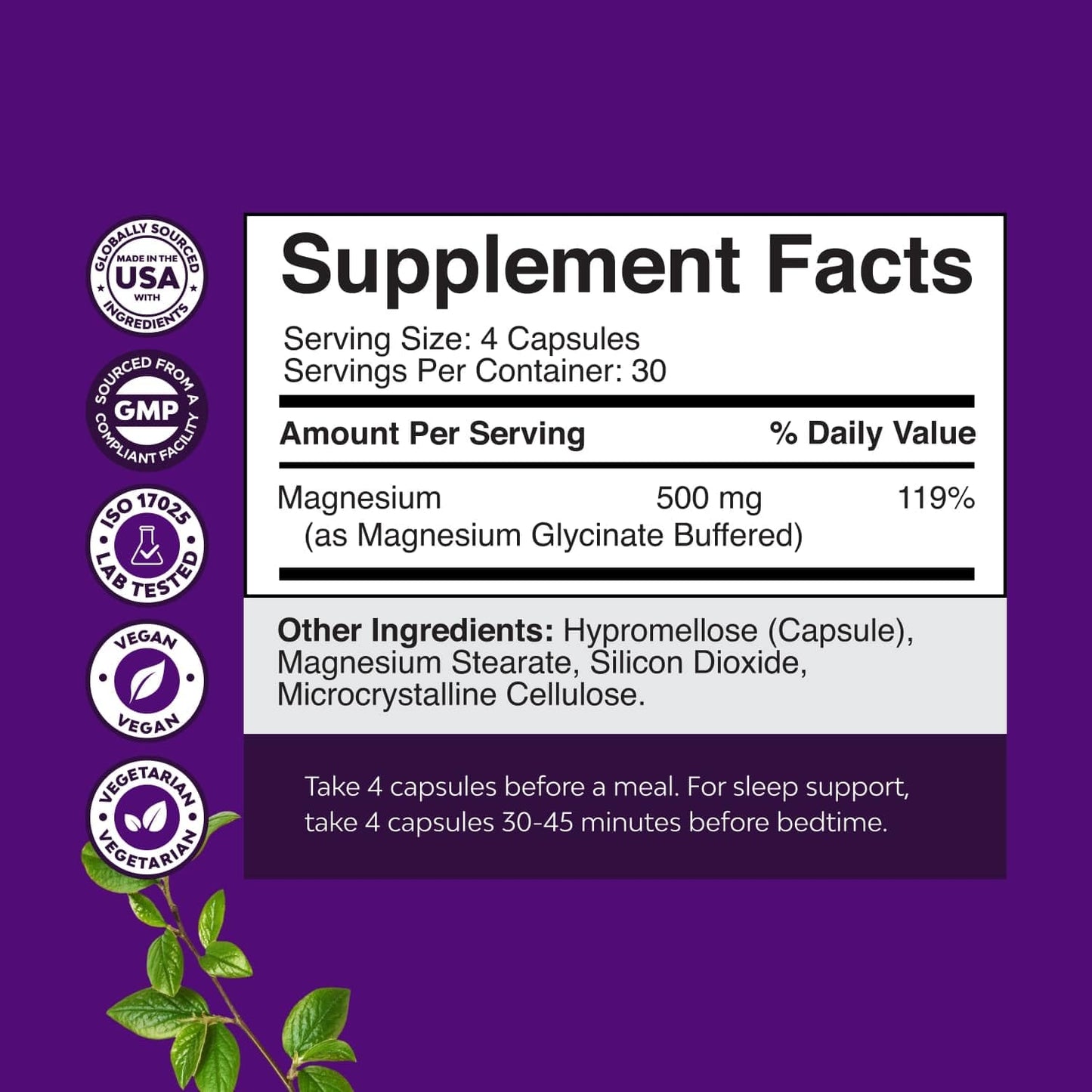 Pure Magnesium Glycinate 500mg for Sleep - Vegan High Absorption | 120 Count