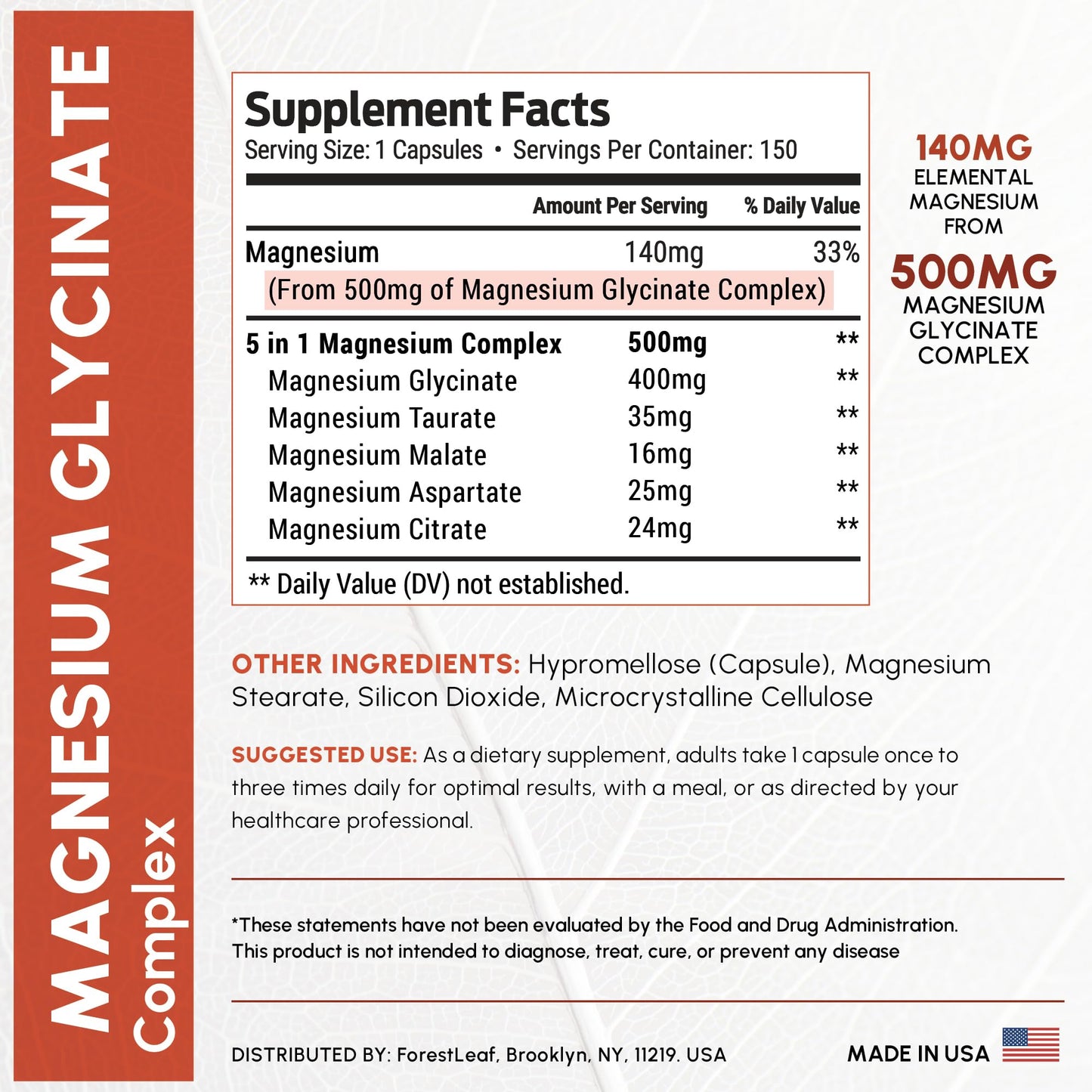 Magnesium Glycinate 500mg Complex – Sleep & Calm, 150 Capsules | ForestLeaf