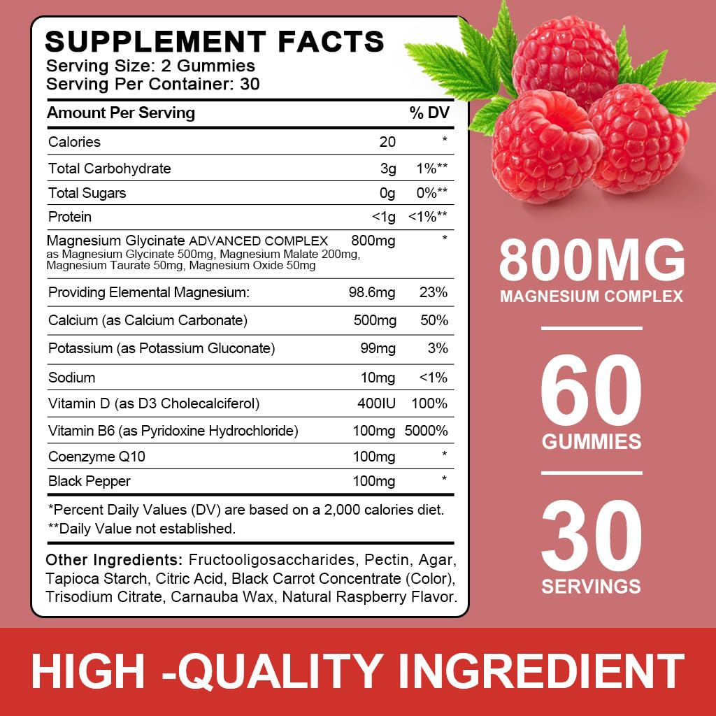 Sugar Free Magnesium Glycinate Gummies - 500mg Mg Glycinate, 60 Raspberry Gummies