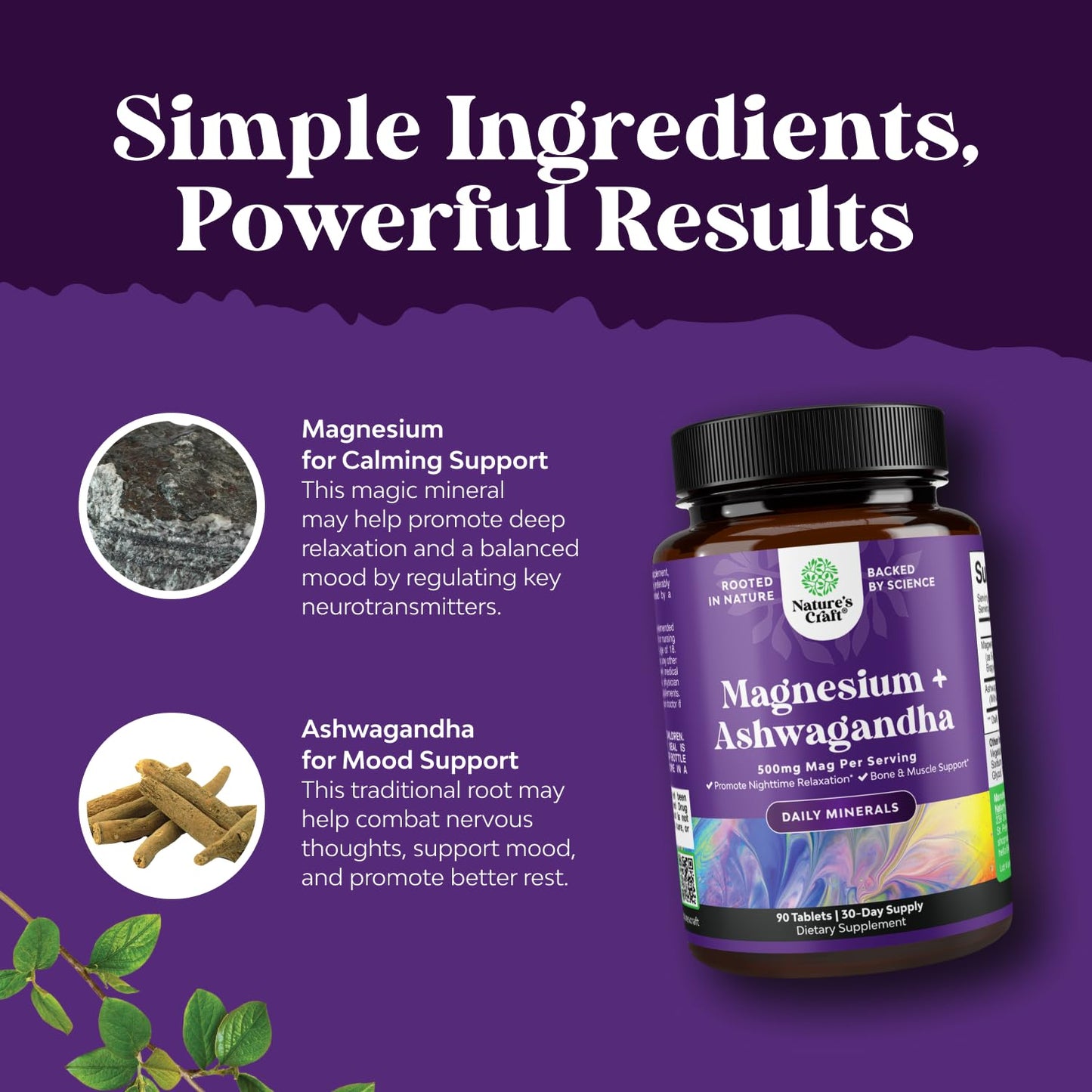 Pure Calm Magnesium Glycinate with Ashwagandha – Stress Support & Rest (90 Count)