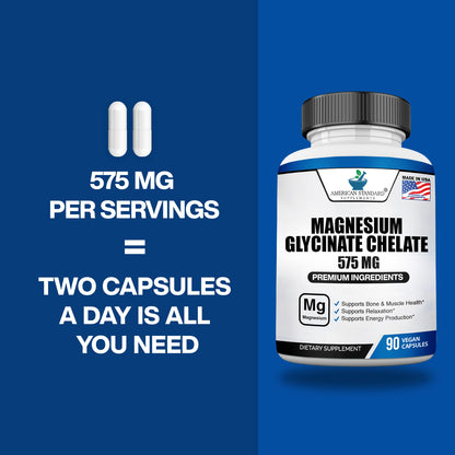 Magnesium Glycinate 575mg - 90 Veggie Capsules (Pack of 2) | American Standard Supplements