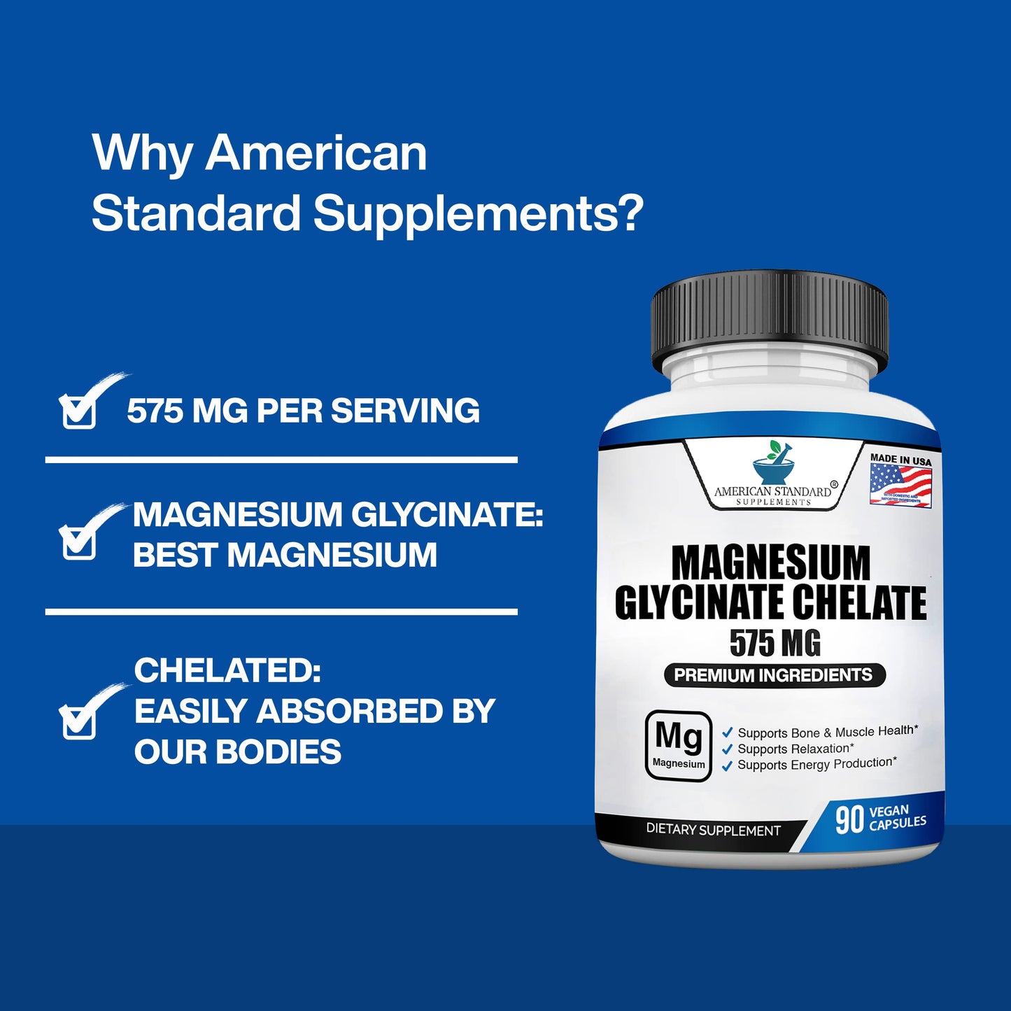 Magnesium Glycinate 575mg - 90 Veggie Capsules (Pack of 2) | American Standard Supplements