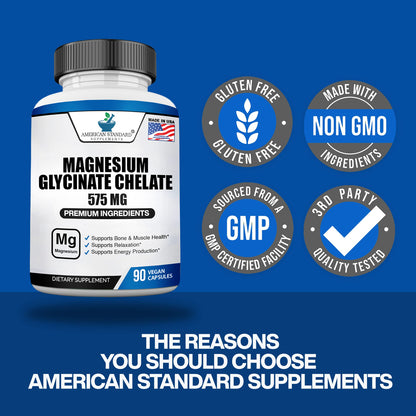 Magnesium Glycinate 575mg - 90 Veggie Capsules (Pack of 2) | American Standard Supplements