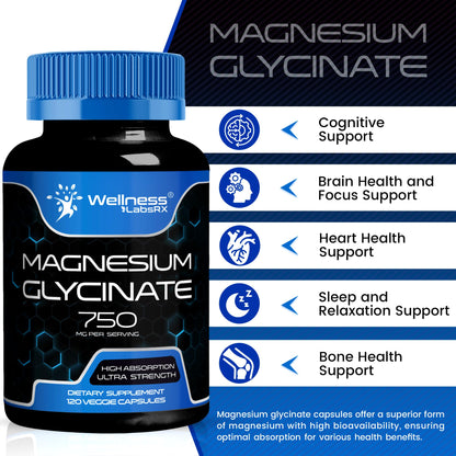 Magnesium Glycinate 750mg – High Absorption Chelated Calm Support for Women and Men (120 Count)