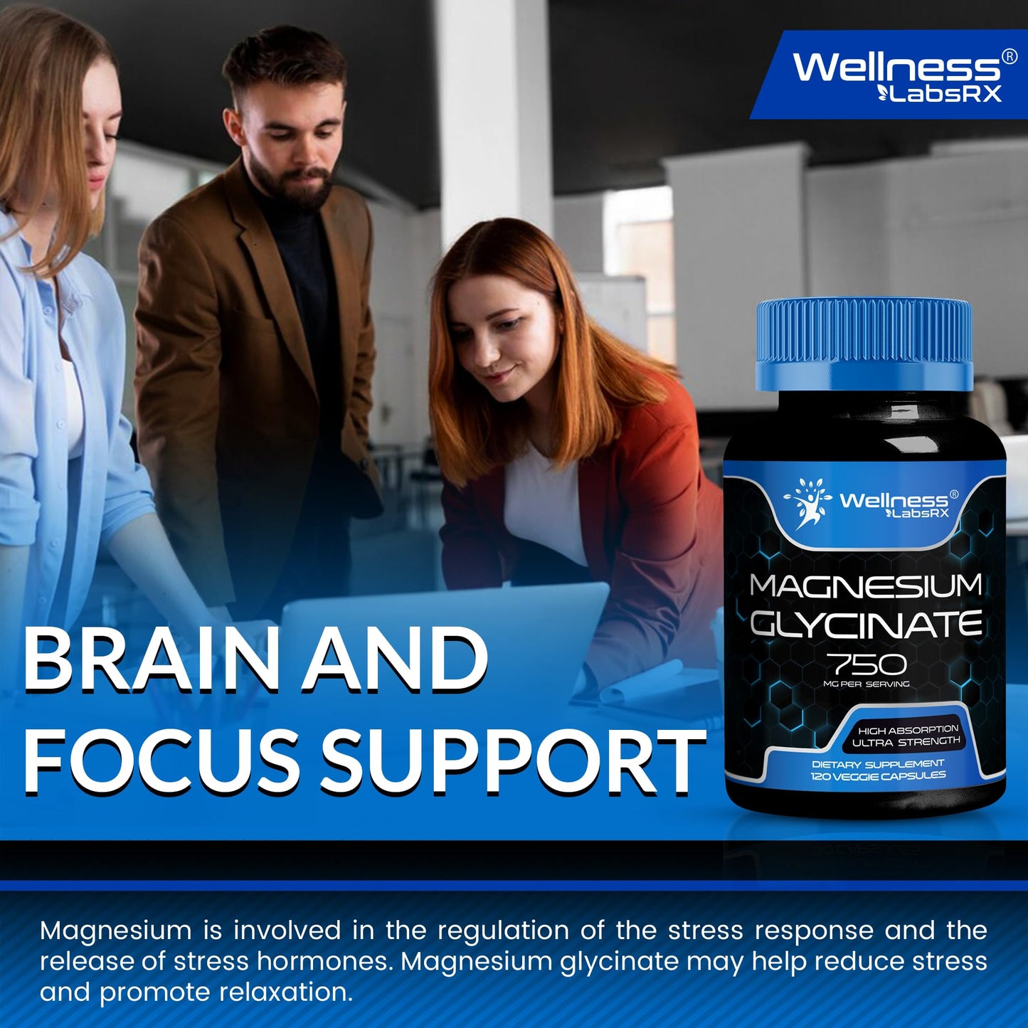 Magnesium Glycinate 750mg – High Absorption Chelated Calm Support for Women and Men (120 Count)