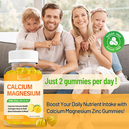 Calcium Magnesium Zinc Gummies with Vitamin D3 & K2 – Vegan Mango-Pineapple, 60 Gummies